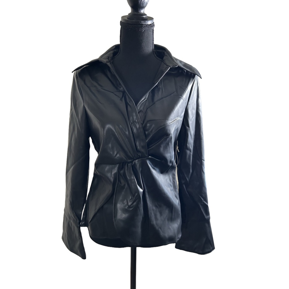 Six/Fifty Black Long-Sleeve Faux Leather Blouse W/ Waist Cinching Detail, Size M